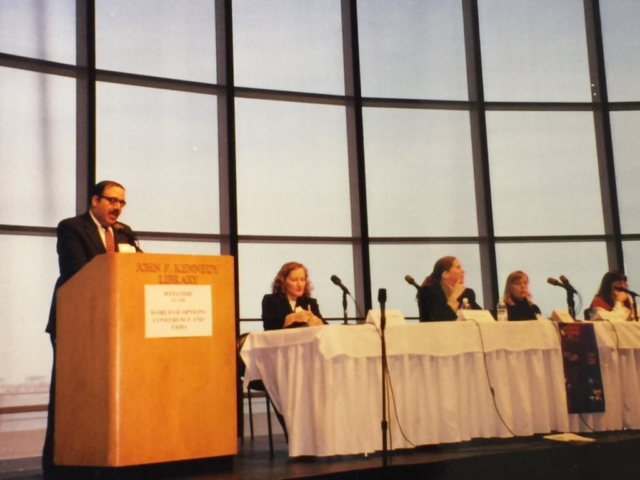 Rhonda Neuhaus on a panel at an event she coordinated "World of Options," Boston, MA, 2000.