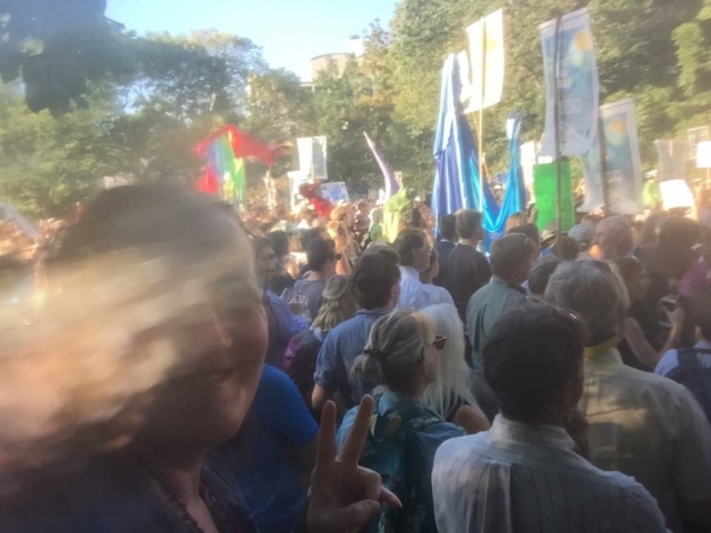 Rhonda in front of a large rally, signs. Rhonda is holding a peace sign with her hand.
