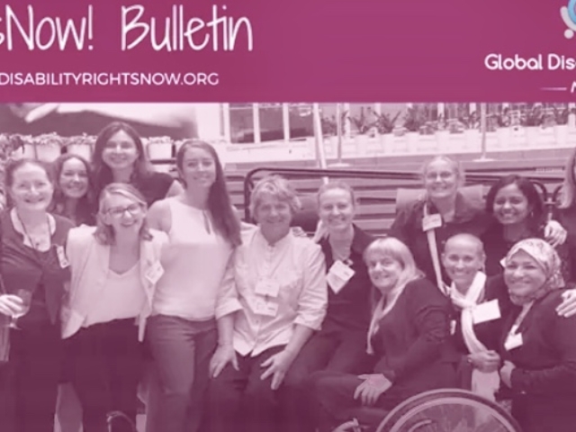 Mobility International USA (MIUSA) staff past and present at an event in Washington, DC. In the RightsNow - Global Disability Rights - Bulletin.