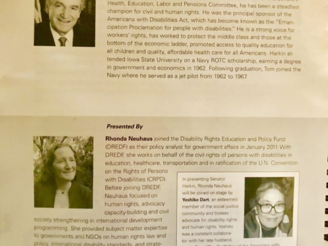 Photo of the program from the 2014 LCCHR gala. Page honors Senator Tom Harkin (with bio) and presenters of his award Rhonda and Yoshiko Dart (with bios).