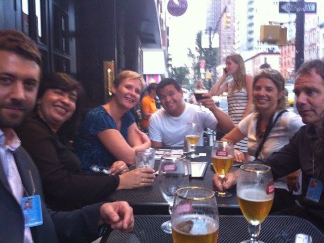 6 colleagues in at a meal outside in NYC toasting the CRPD.