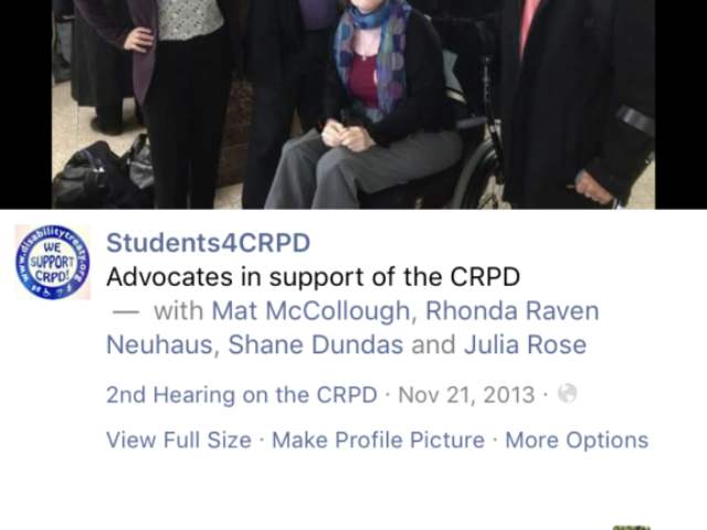 Image of a screenshot of a Students4CRPD Facebook group. Image: Rhonda with 3 other adovcates!