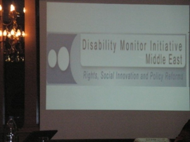 Powerpoint Screen reading "Disability Monitor Initiative, Middle East: Rights, Social Innovation and Policy Reforms"
